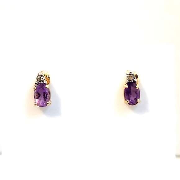 True VTG 80s 14K Solid Gold Natural Amethyst & Diamond Stud Earrings - Picture 9 of 15
